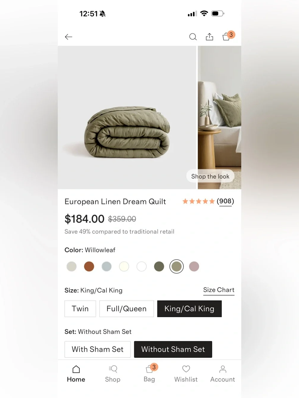 NWOT Willowleaf European Linen King/Cal King Dream Quilt - Retail $184
